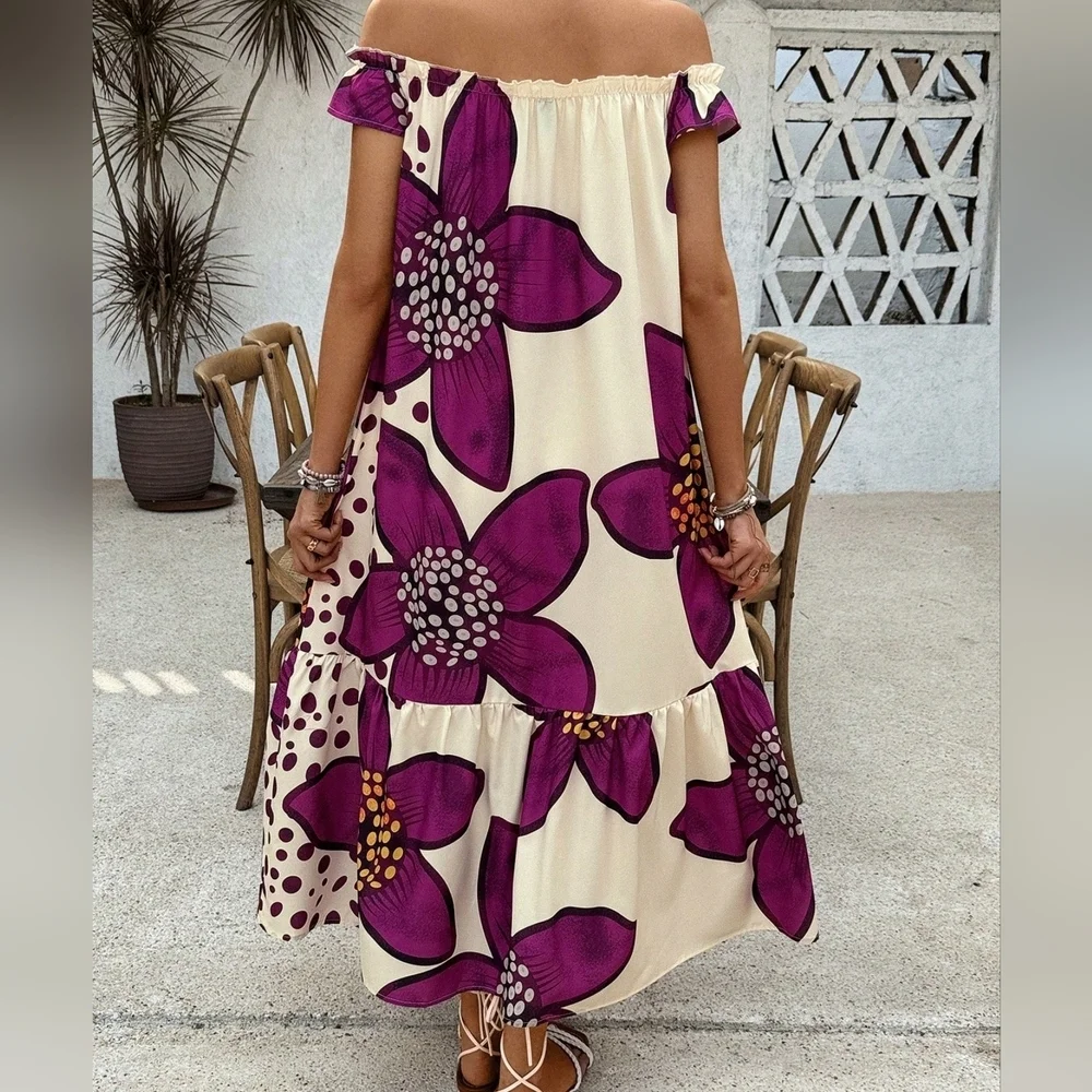Women\ One Shoulder Printed Casual Vacation Dress With Ruffled Hem - Picture 4 of 4